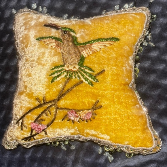 Other - Decorative Rare Vintage velvet pillow with hummingbird design with beaded trim.